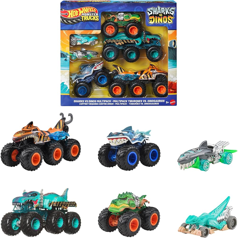 Hot Wheels Monster Trucks Shark vs Dino Collection Set 6 Vehicles Toy for Ages 3 and Up Multi-Color