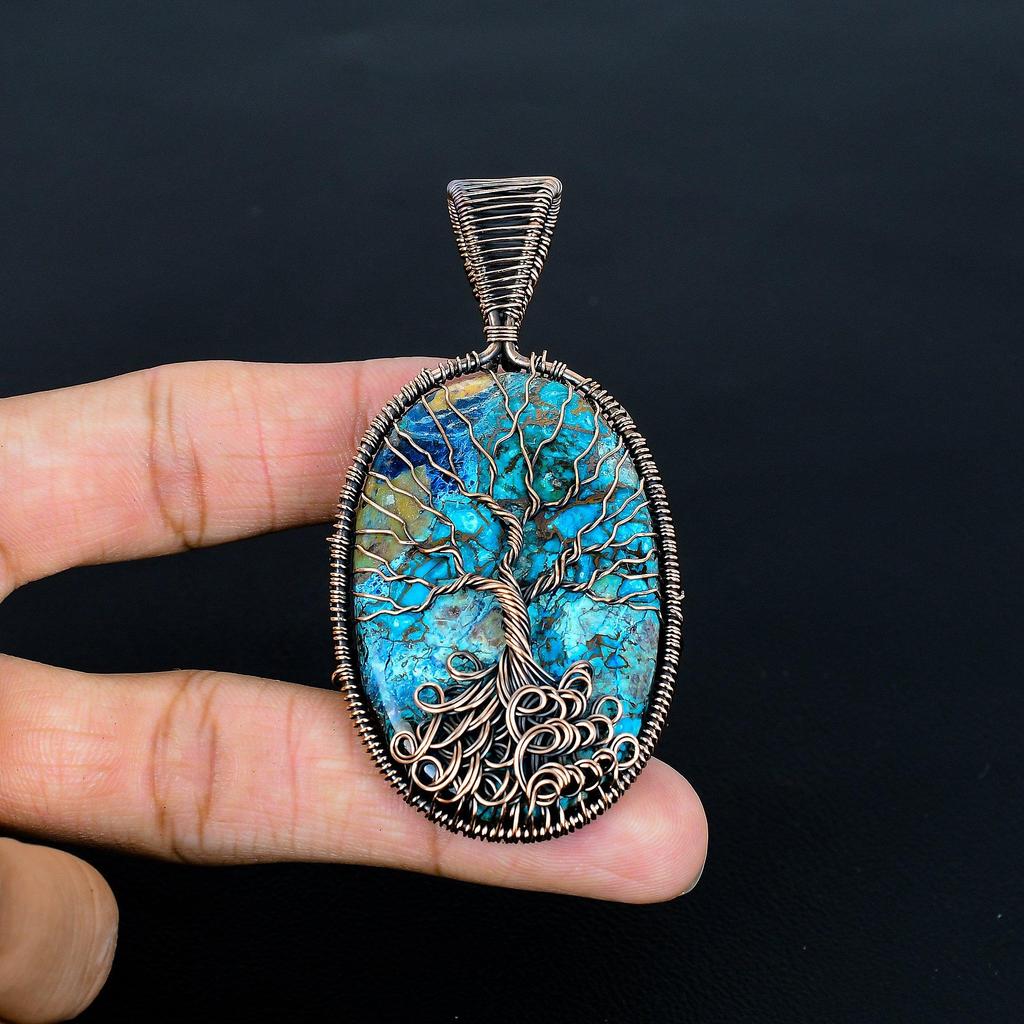 Azurite Malachite Pendant, 999 Copper Wire Wrapped Gemstone Jewelry, Handmade Tree Of Life Pendant, For Thanksgiving