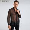 Men Mesh See Through Long Sleeve Transparent Party Shirts