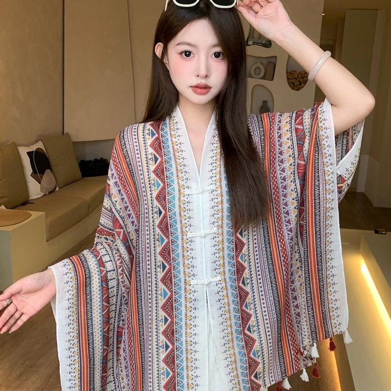 Small fresh green floral silk scarf women's summer travel buckle sunscreen large shawl beach towel thin yarn scarf scarf