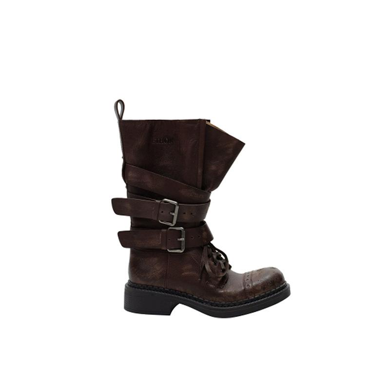 Британский стиль ретро черные средней длины рыцарские ботинки женские 2025 весна и лето новые мягкая кожа толстый каблук пряжка ремня ботинки-локомотивы