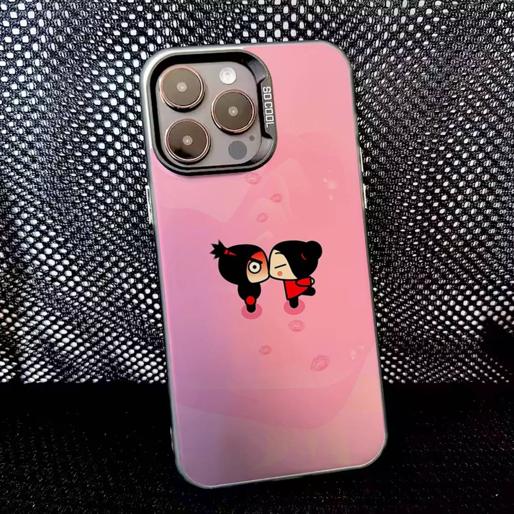 Милый чехол для телефона Pucca с сердечками для iPhone 16,15,14,13,12,11,8,7, Pro, Max, Plus, Mini, XS, SE, противоударный, черный, матовый, жесткий