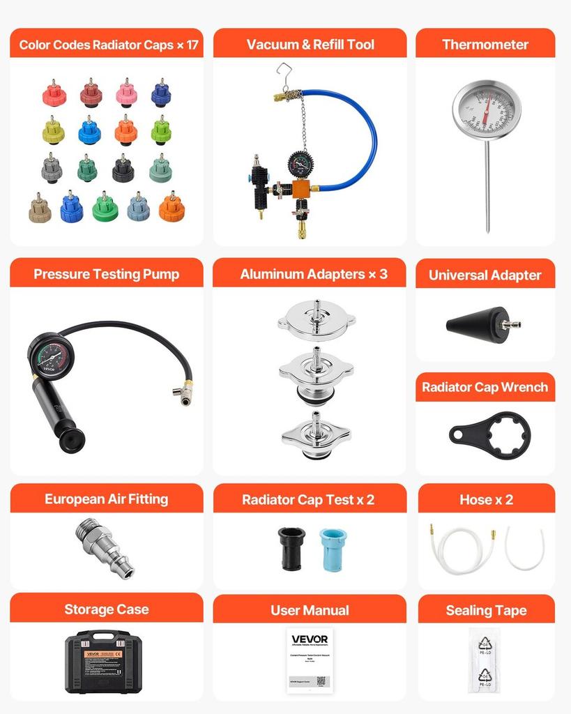 Coolant Pressure Tester Kit, 47Pcs Radiator Vacuum Refill Kit with 3 Metal Adapters, Universal Fit, Automotive Cooling System Pressure Tester Tool,