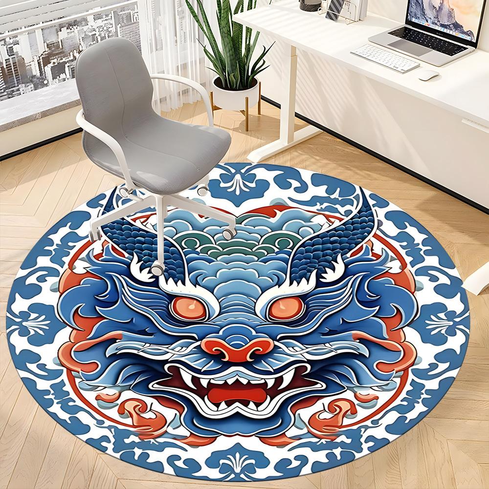 1pc Dragon Mask Office Round Area Rug, Indoor Mat Suitable For Office, Under Office Chairs Bedroom Living Room Home Decor, Room Deco 091