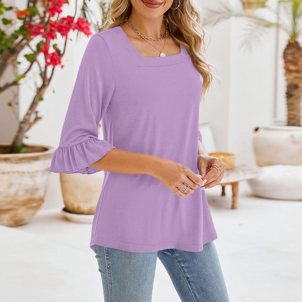 Women's Casual 3/4 Sleeve Tops Summer Square Neck T Shirts Ruffle Loose Fit Tunic Blouses