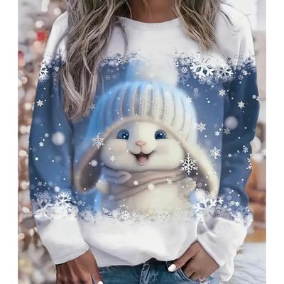 2025 Осень и Зима Женский Новый Повседневный Топ с Круглым Вырезом и Длинным Рукавом с 3D-Принтом Снеговика