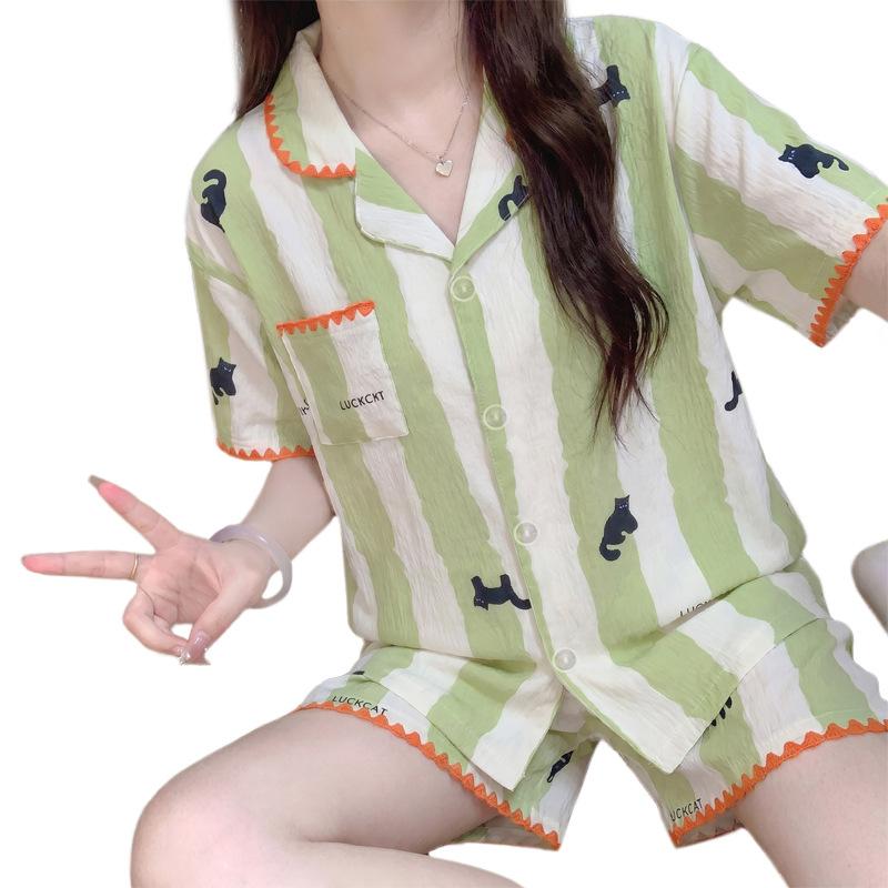 Contrasting color embroidered shell edge pajamas women's summer new cloud cotton striped cartoon short-sleeved shorts loungewear