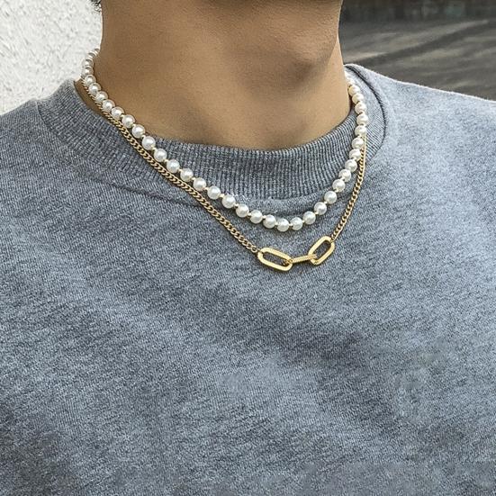 Мужское ожерелье, декоративное универсальное двухслойное колье-чокер с геометрическим искусственным жемчугом для повседневного ношения