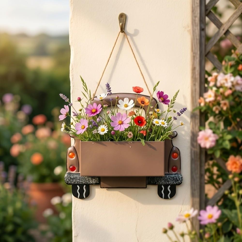 Retro Cartoon Truck Shaped Flower Pot Iron Car Wall Planter Hanging Truck Planter for Balcony