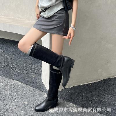 Кожаные ботфорты женские на внутренней платформе с широким голенищем, рыцарские сапоги, осень-зима 2025, бархатная вставка, танкетка, высокие сапоги женские