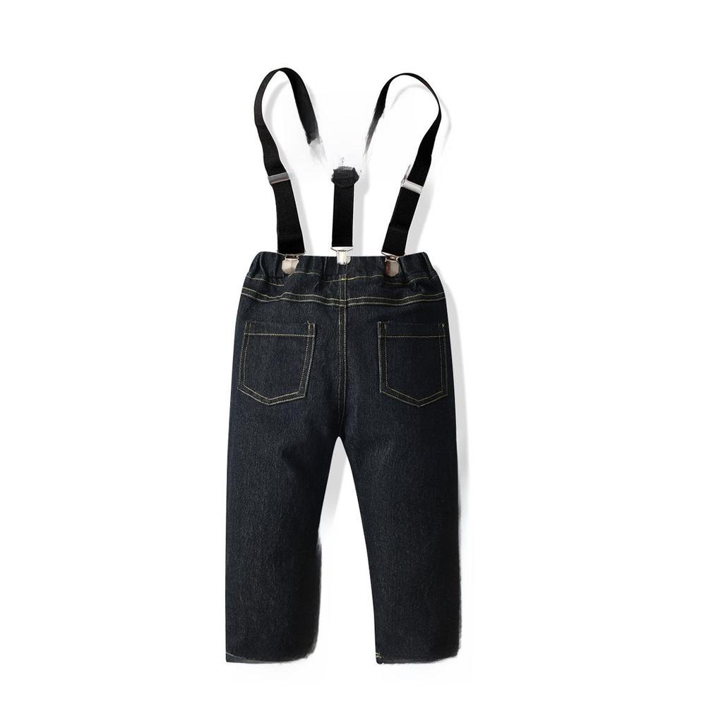 INS Boys Long Sleeve Shirt and Black Denim Overalls Stretch Pants Suit for Small/Medium Children - Autumn/Winter Formal Wear