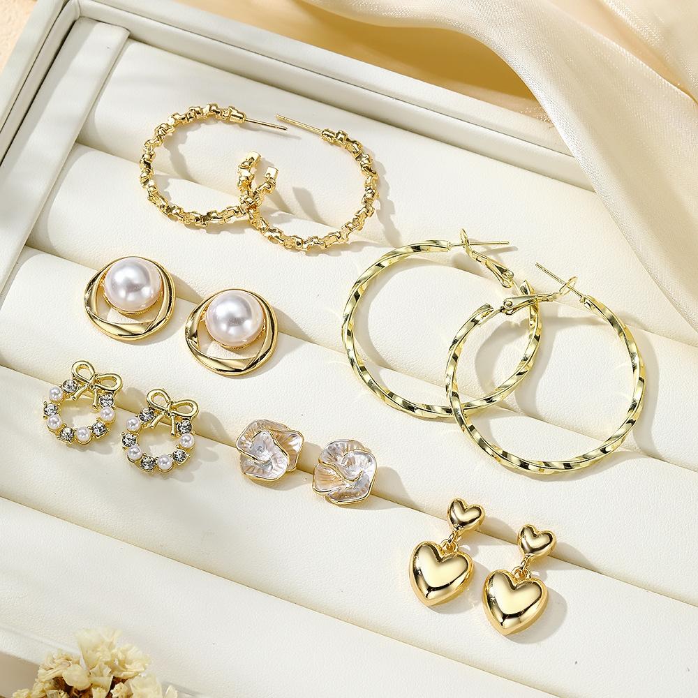 Geometric faux pearl earring set Flower heart fashion exquisite earrings earrings set