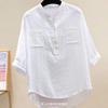 Женская белая рубашка, с длинными рукавами, свободная, повседневная однотонная рубашка с V-образным вырезом, женская футболка с длинными рукавами