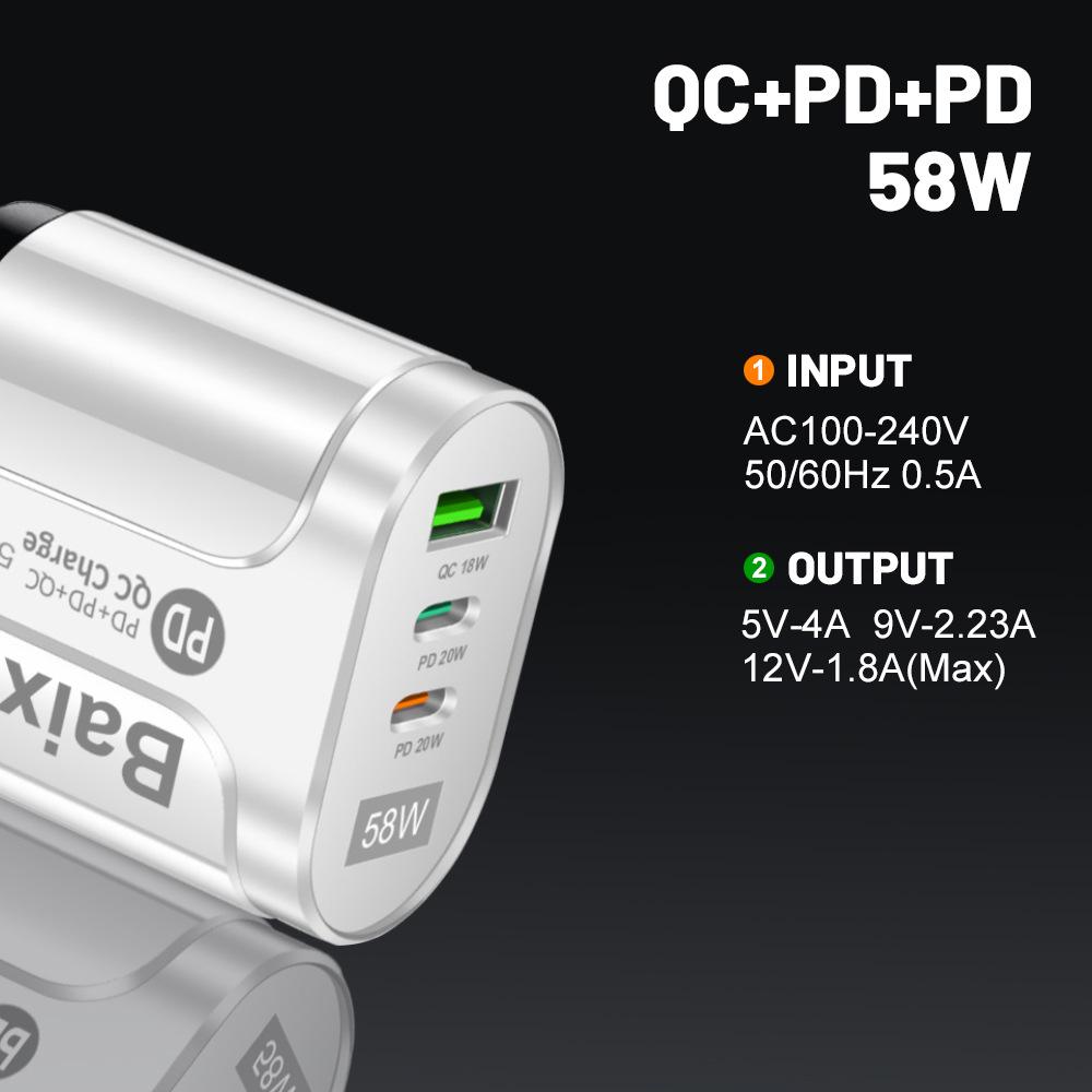 Двойное быстрое зарядное устройство 58 Вт с 2 портами PD + QC3.0 - Штекеры EU, US, UK, AU