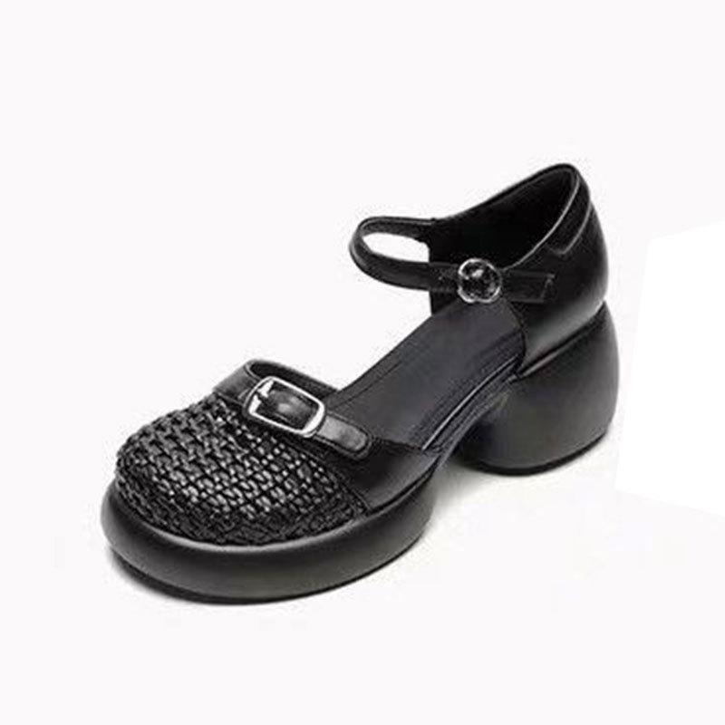 Французские ретро сандалии с полым носком, женские, лето 2025, новые, на толстом каблуке, на толстой подошве, с ремешком на подъеме, римские сандалии