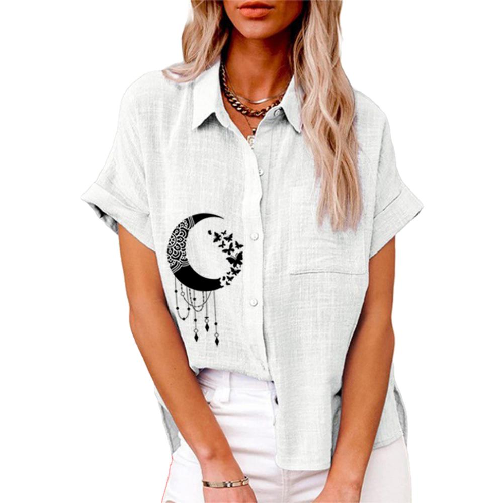 Женская модная футболка с принтом, летняя и осенняя футболка с коротким рукавом на пуговицах, женская повседневная футболка с воротником с лацканами, свободные блузки