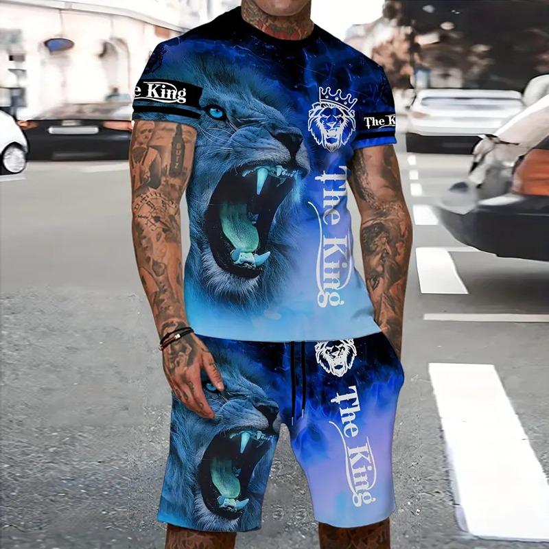 Модный мужской спортивный костюм с принтом тигра, свободный мужской топ в стиле Y2K, дышащий, свежий, с коротким рукавом, шорты, костюм