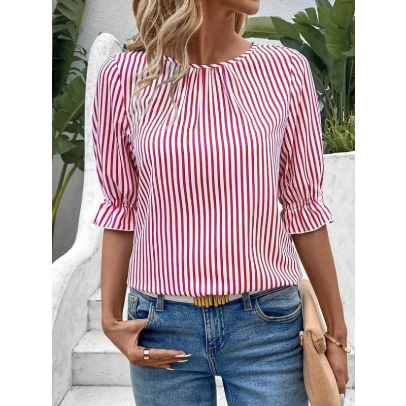 New Fashion Summer Women's Clothing, Blue Striped Button-down Shirt