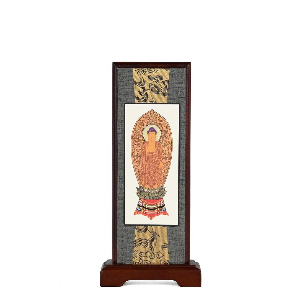 Urban Workshop Amitabha Buddha Standing Hanging Scroll (Walnut Color) Wooden Frame Buddhist Altar Accessories Mini Size 20cm High X 9cm Wide