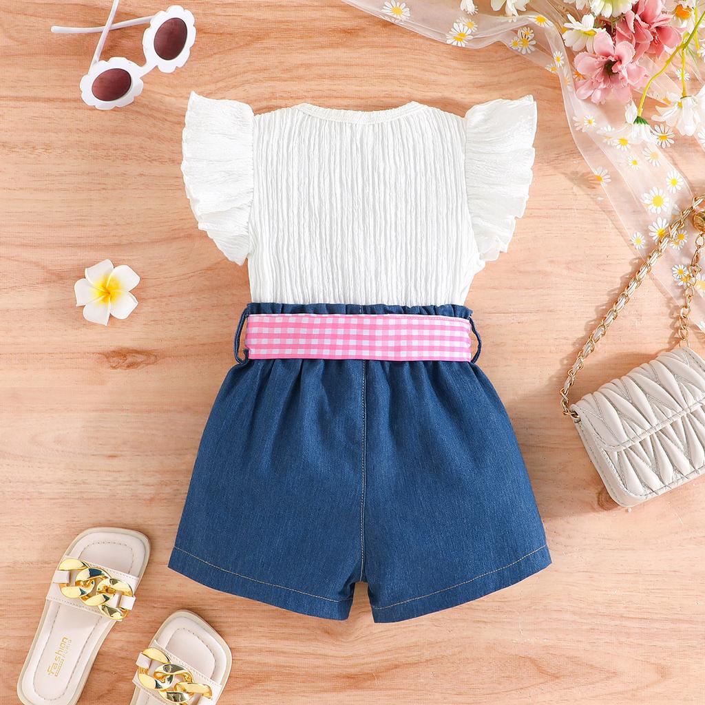 Новая детская одежда 2-8 лет, модный костюм для девочек, топ + джинсовая одежда с короткими рукавами, 2 шт., футболка с короткими рукавами для девочек