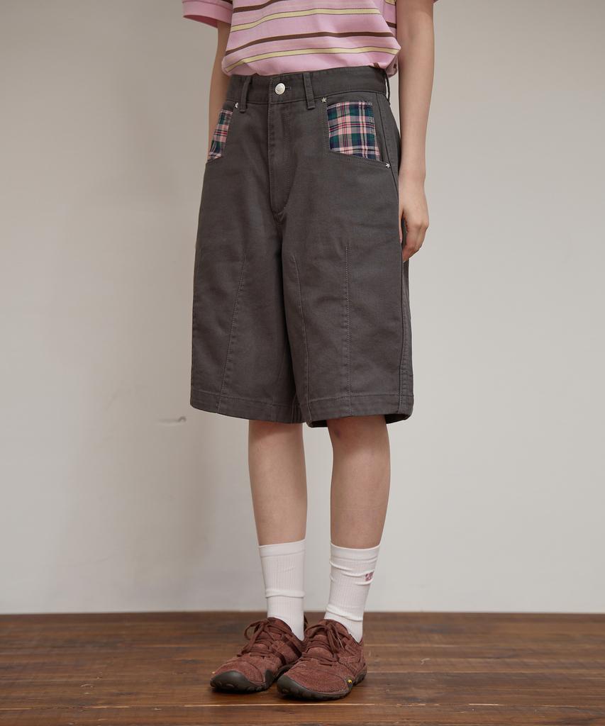 WAIKEI Check Applique Half Pants Charcoal