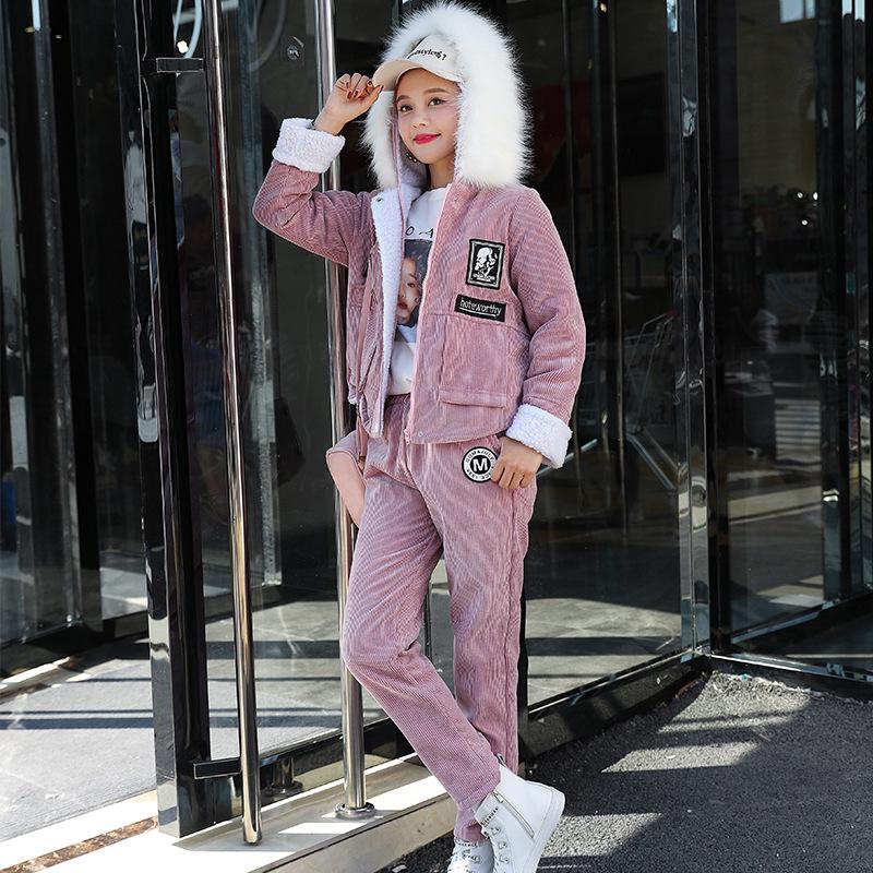 Осень Зима Женская Мода Повседневный Большой Размер Бархатный Утепленный Однотонный Жакет Брюки Теплый Спортивный Костюм
