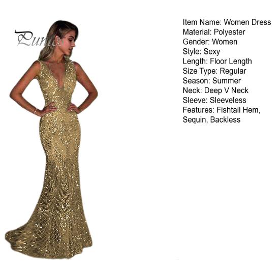 Women Evening Dress Deep V Neck Slim Fit Backless Sleeveless Shiny Sequin Fishtail Hem Floor Length Maxi Dress Prom Party Ball Gown