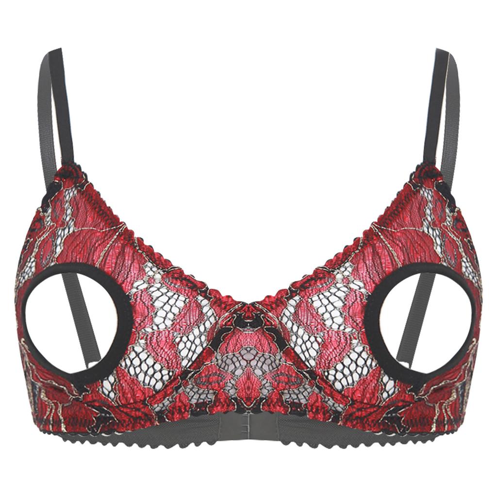 Womens Hollow Out Lace Bra Top Adjustable Spaghetti Straps Sheer Panels Club Rave Wear