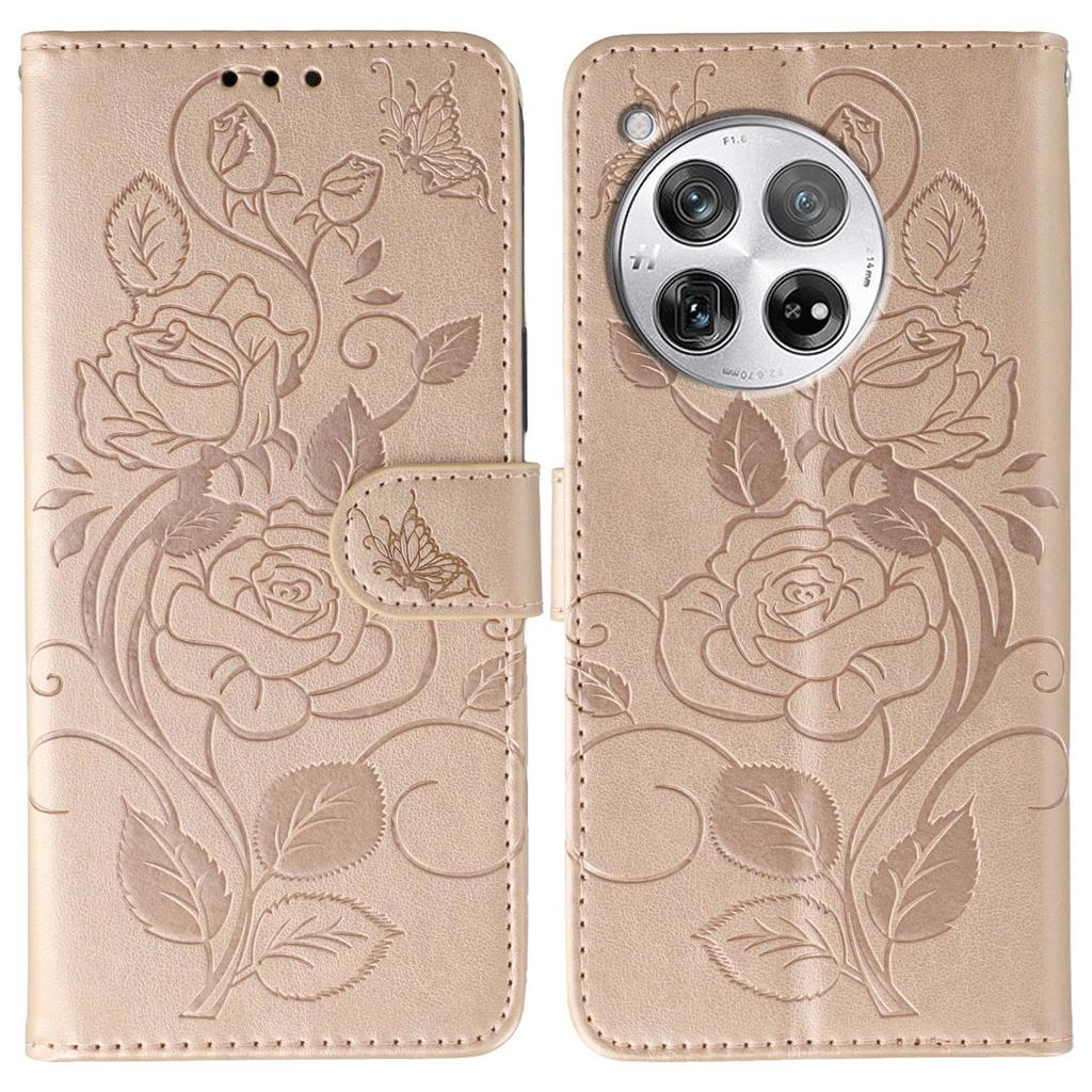 For OnePlus 12 5G Case Wallet Stand Imprinted Rose Butterfly PU Leather Phone Cover
