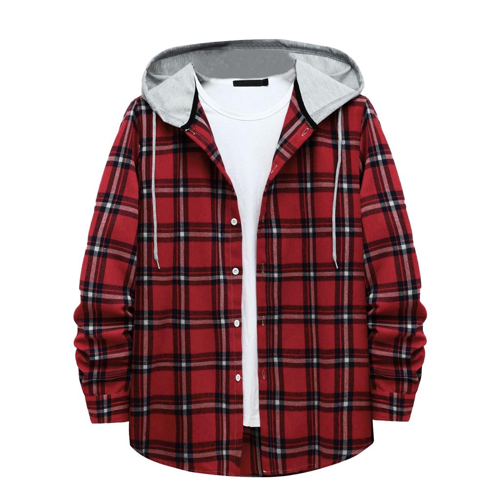 Men's Plaid Shirt Hooded Button Sweatshirt Men's Casual Fashion Sweatshirt