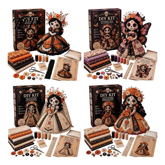 Beginner Friendly Sewing Project Halloween Patchwork Doll DIY Kit, Skeleton Witch Girl Handmade Easy Embroidery Starter Set Fabric Craft for