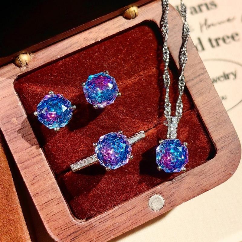 Octagonal Millennium Rose Cut Paraiba Necklace Pendant with High Carbon Diamond Colorful Diamond Stud Earrings Yellow Diamond Ring Female