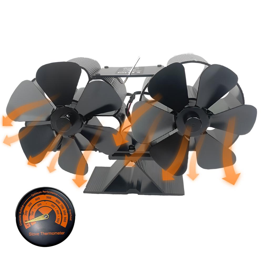 Вентилятор для дровяной печи с тепловым приводом, двумя бесшумными двигателями, 6 лопастями, неэлектрический, активируемый нагревом вентилятор для камина с кронштейном и магнитным терм