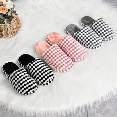 Женская зимняя обувь Теплые тапочки Пушистые клетчатые домашние тапочки