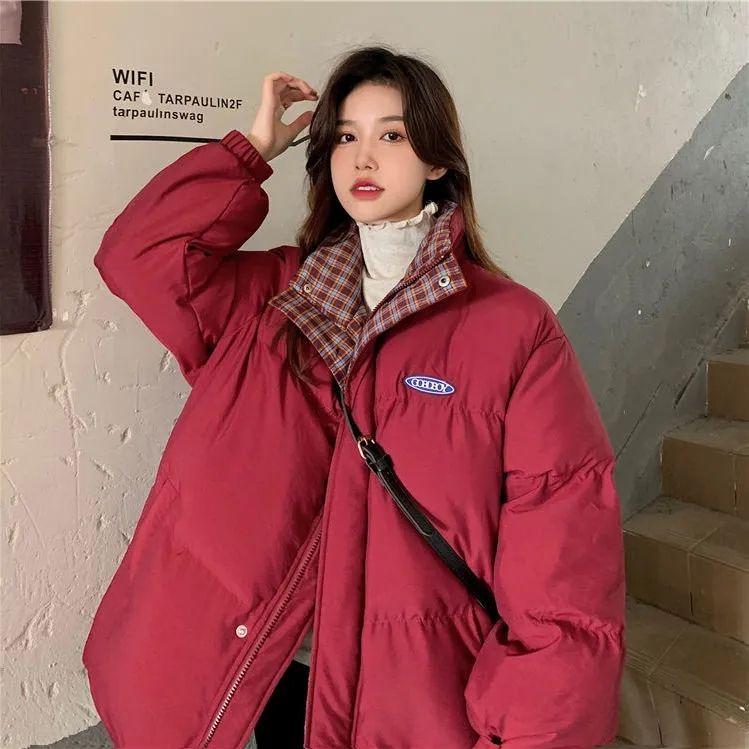 Women's Designer Unique Thickened Cotton Coat Burgundy Puffer Jacket Korean Style Loose Winter