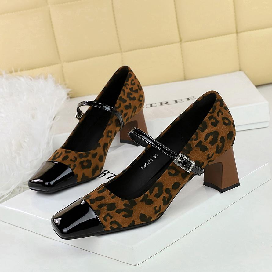 Women's Shoes with Thick Heel, Mid Heel, Shallow Mouth Splicing, Square Toe, Straight Line with Rhinestone Buckle, Single Shoe, Mary Jane Shoes