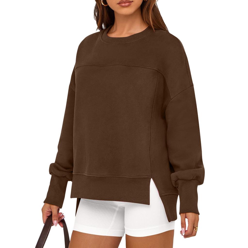 Ladies' Casual And Fashionable Solid Color Round Neck Long Sleeved Slit Loose And Comfortable Sweatshirt