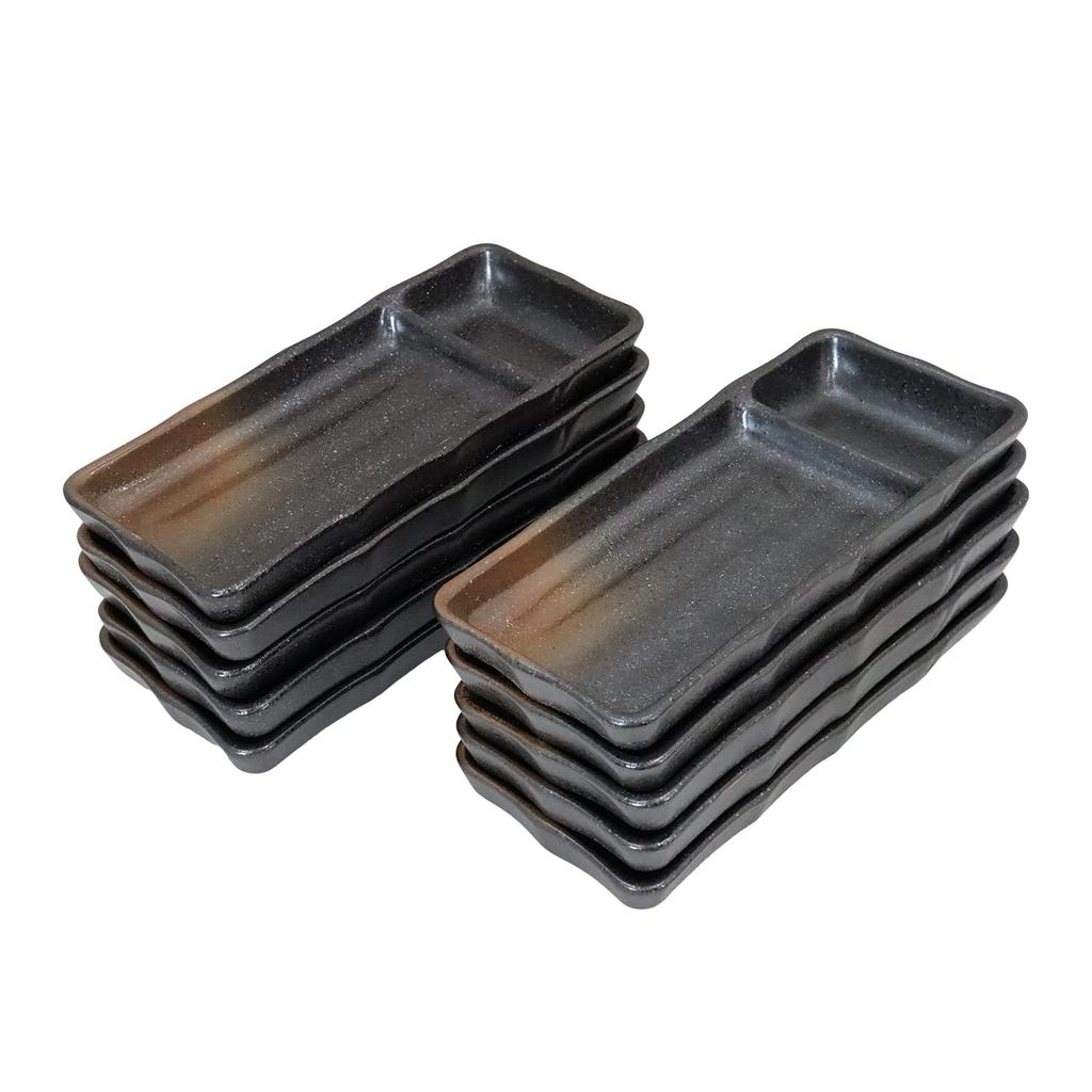 Mino Ware Japanese Cafe Series [Divided Sashimi Plates] Black, Set of 10 (Size: H2.7 X W20.8 X D9.3cm)