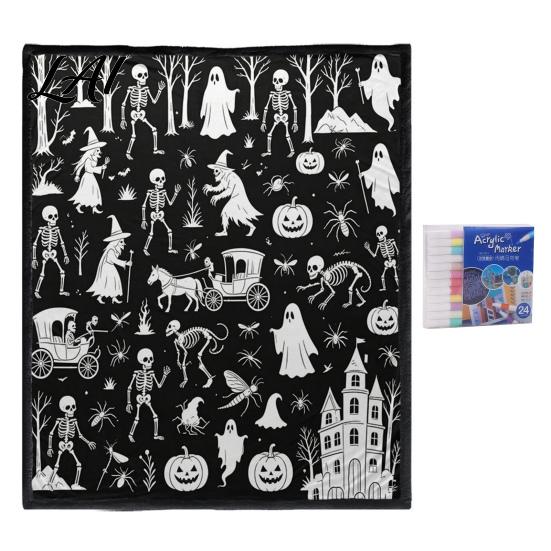 Relaxing Hobby for Home Decor Halloween DIY Coloring Blanket with 24 Markers Washable Throw Blanket Color Stress Relief Craft Projects Your