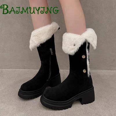 Меховые женские туфли на платформе с высоким каблуком, высокие сапоги до середины икры, трендовый бренд 2025 года, теплые короткие плюшевые зимние сапоги, женские туфли-лодочки Mujer Botas