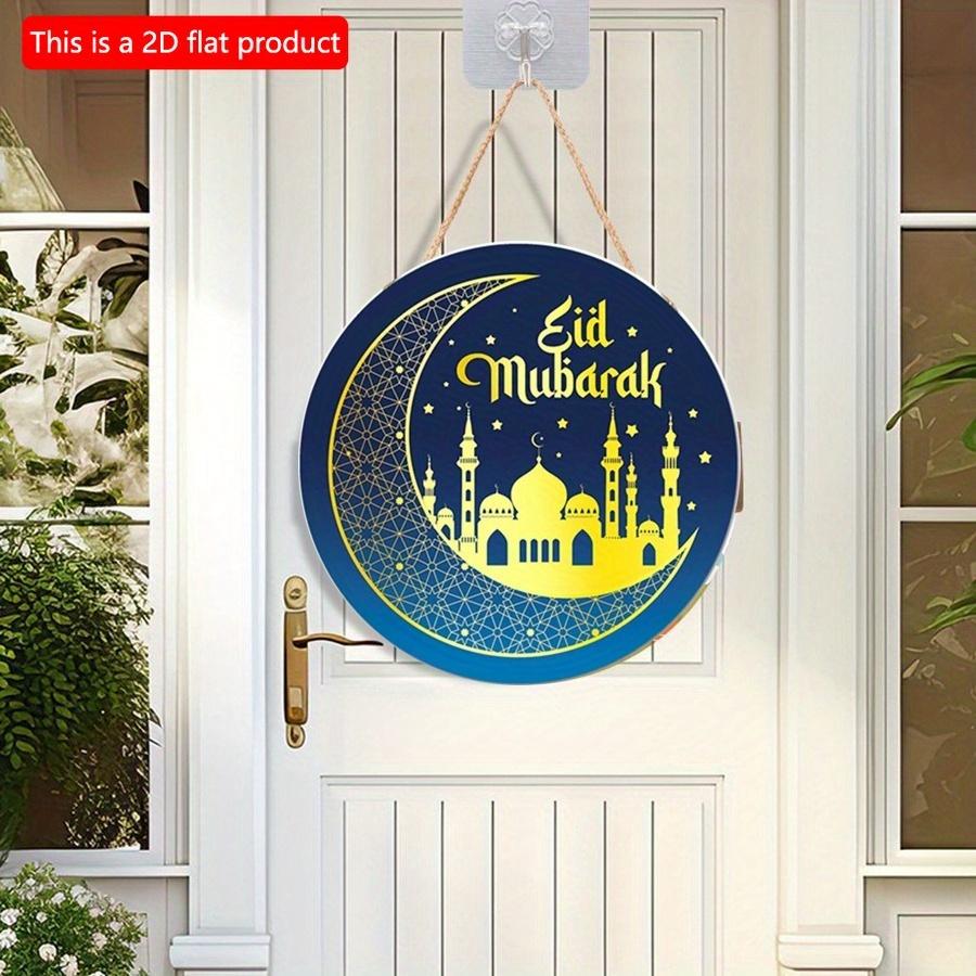 2D плоский 20 см 1 шт Ид Мубарак Золотая Луна и величественная мечеть сцена круглый деревянный кулон, тема голубого звездного неба хорошее качество подвесные украшения хороший подарок