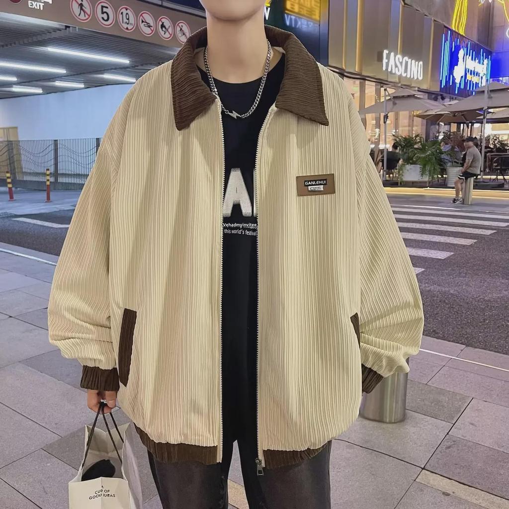 2024 Весна и Осень Унисекс Ретро Вельветовая Куртка с Американскими Лацканами - Модный Наряд с Цветовыми Блоками для Пар