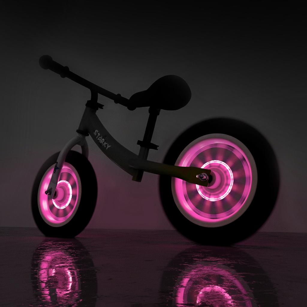 Purple balance bike with 12 wheels and LED lights, steel frame for girls