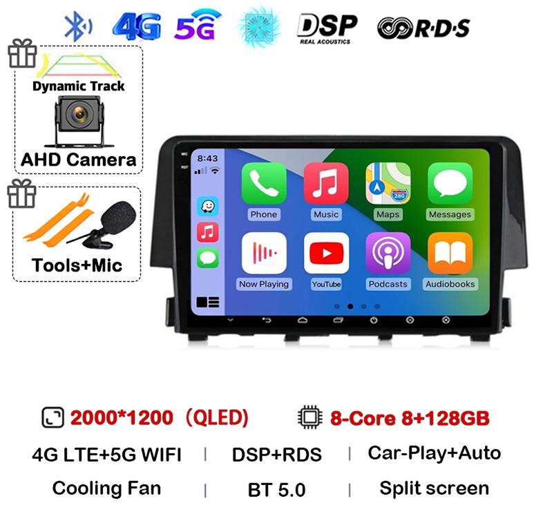 Android 14 Беспроводной Carplay Auto Для Honda Civic 2016 2017 2018 2019 2020 Автомагнитола Стерео Мультимедийный Плеер GPS 4G+WIFI DSP