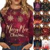 Женская мода повседневный рождественский принт круглый вырез длинный рукав пуловер топ
