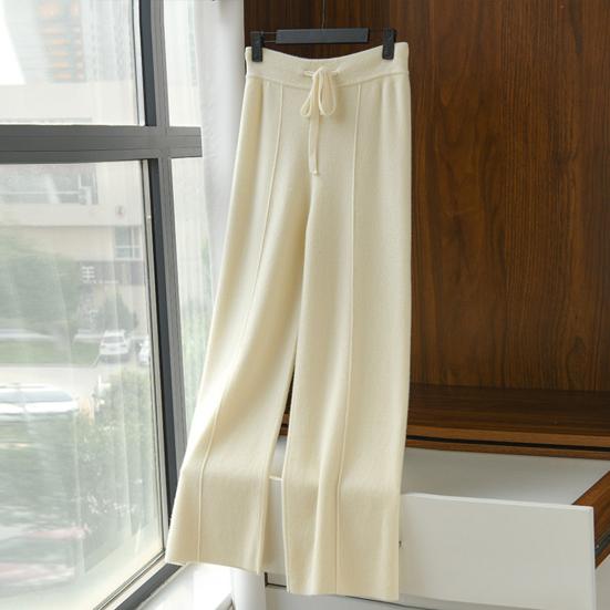 Women Long Pants Elastic High Waist Wide-Leg Knitted Pants with Pockets Solid Color Autumn Winter Warm Trousers