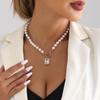 Luxury Imitation Pearl Necklace with Beaded OT Buckle & Rectangular Micro-Inlaid Diamond Pendant