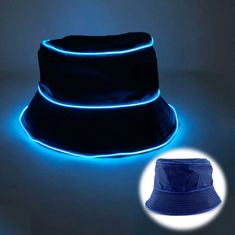 Adult LED Light-Up Flat Top Sun Hat Unisex Logo Embroidery Bucket Cap Solid Color Promotional Gift