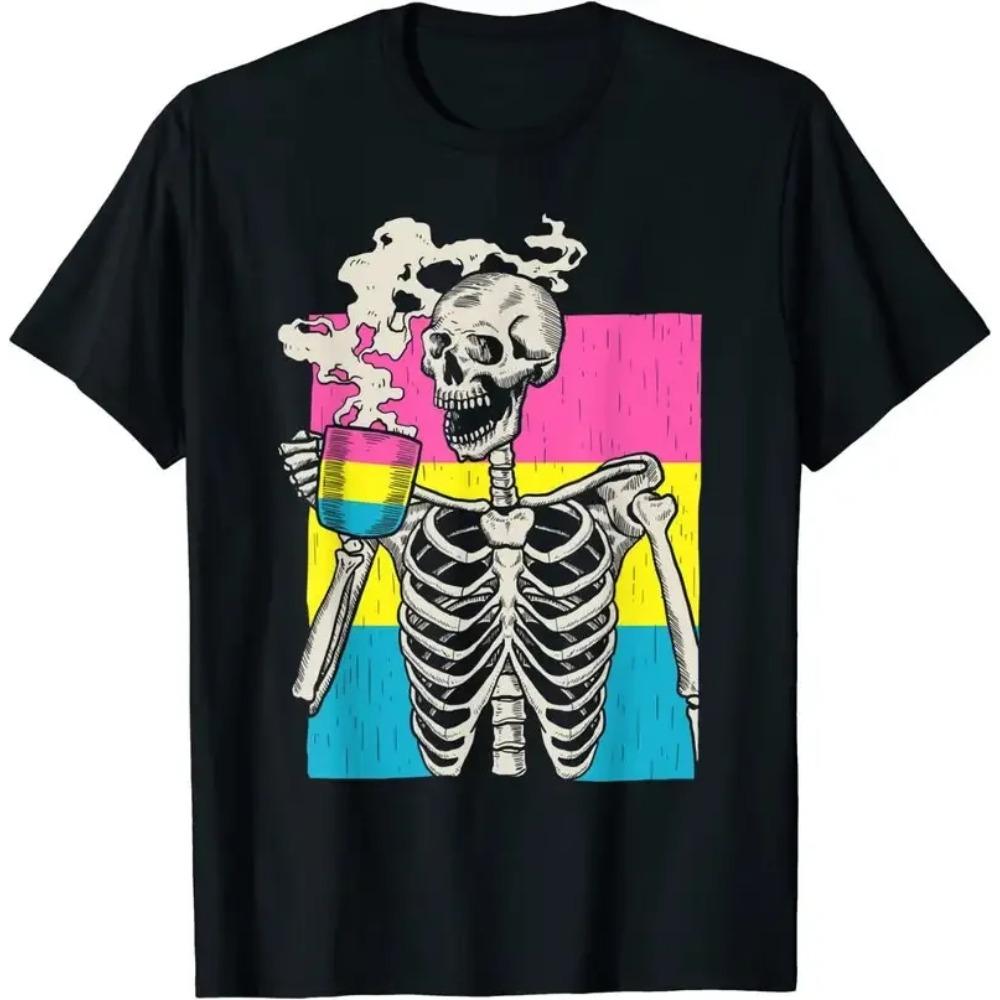 Скелет пьет кофе ЛГБТ-Q Пансексуальная гордость Пан флаг футболка
