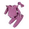 Baby Girl Long Sleeved Romper and Trousers with Headband Three-piece Set Solid Color Children's Clothing Set
